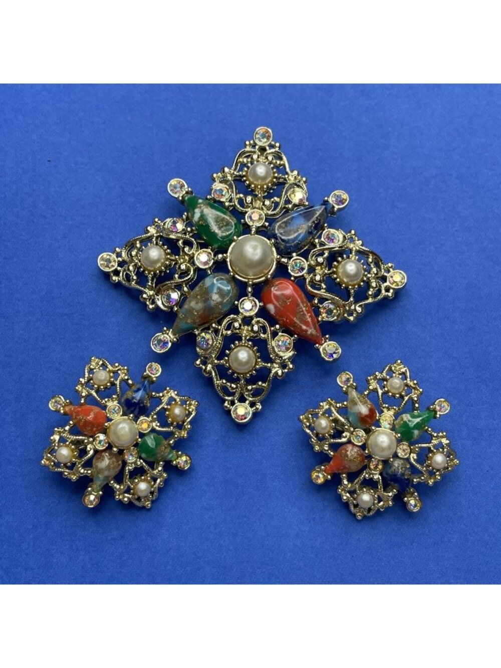 Vintage Signed Sarah Coventry Galaxy Brooch Clip-On Earrings Set READ
